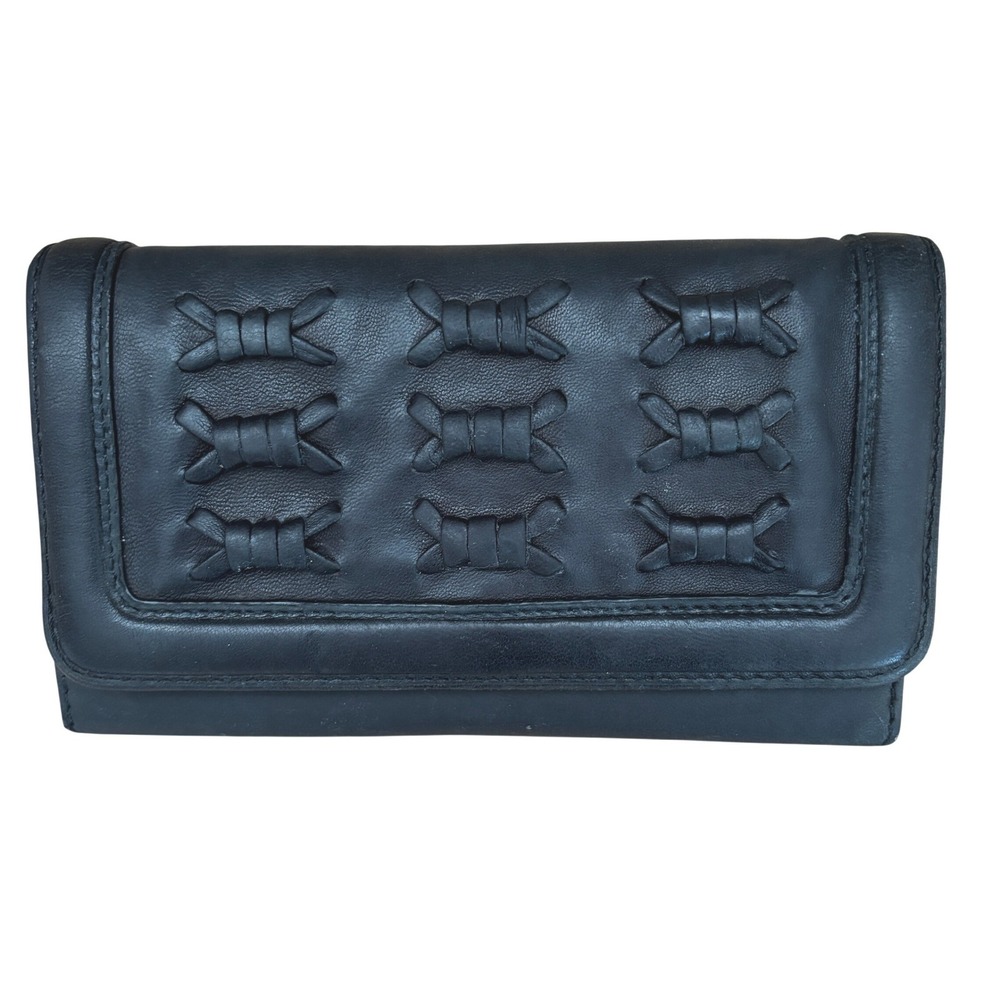 Lucky Penny Anthropologie Black Leather Trifold Wallet Checkbook Bow
